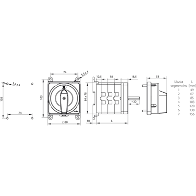 100A cam switch, three-pole 1-0-2 switch disconnector, base-rail fixing gray face black knob