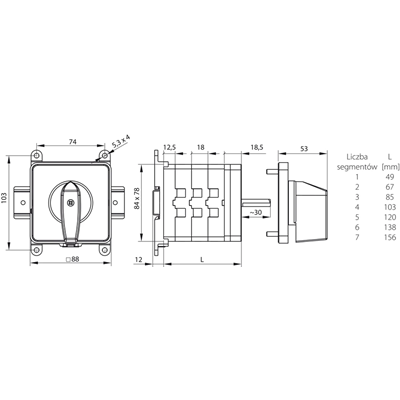 100A cam switch, three-pole 1-0-2 switch disconnector, base-rail fixing gray face black knob