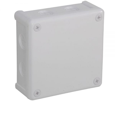 „110” 8-inlet surface-mounted box with knockouts 118x118x46mm IP55 cover for 4 screws white