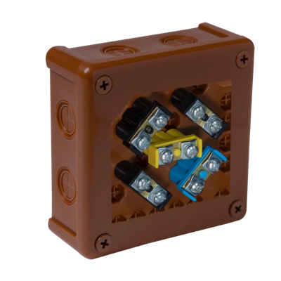 „110” 8-inlet surface-mounted box with knockouts 118x118x46mm IP55 cover for 4 screws with terminals brown