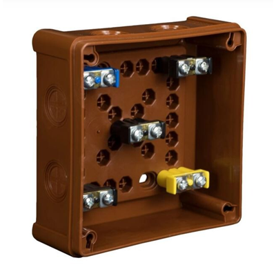 „110” 8-inlet surface-mounted box with knockouts 118x118x46mm IP55 cover for 4 screws with terminals brown