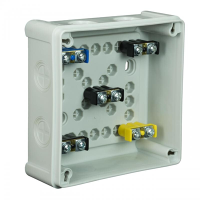 „110” 8-inlet surface-mounted box with knockouts 118x118x46mm IP55 cover for 4 screws with terminals gray