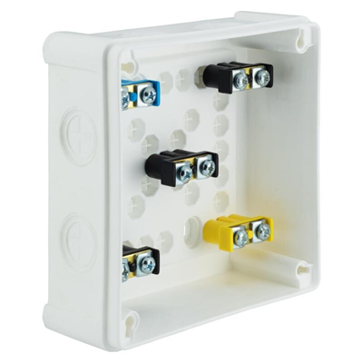 „110” 8-inlet surface-mounted box with knockouts 118x118x46mm IP55 cover for 4 screws with terminals white