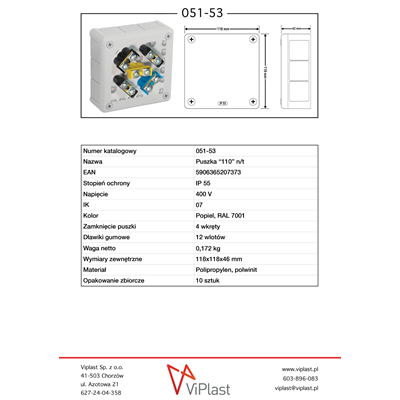 „110“ Aufputzdose mit Gummiverschraubungen 12-fach 118x118x46mm IP55 Deckel für 4 Schrauben mit Klemmen grau
