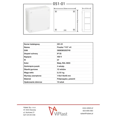 „110” Puszka natynkowa z dławnicami gumowymi 12-wlotowa 118x118x46mm IP55 dekiel na 4 wkręty biała