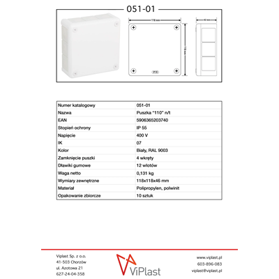 „110” Surface-mounted box with rubber glands 12-inlet 118x118x46mm IP55 cover with 4 screws white