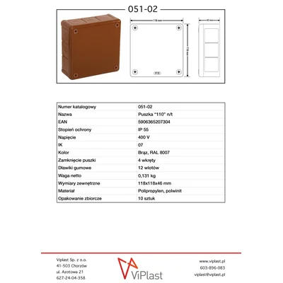 „110” Surface-mounted box with rubber glands 12-inlets 118x118x46mm IP55 cover with 4 screws brown