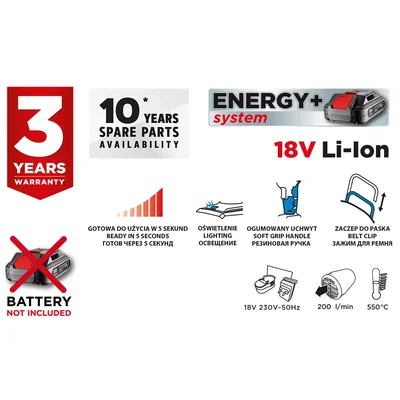 18V Energy+ akumulátorová horkovzdušná pistole, Li-Ion, teplotní rozsah 550 °C, bez baterie