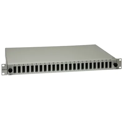 19" 1U 24xSC Duplex (SC Duplex / LC Quad) posuvný patch panel, šedý; 48portové optické kazety a průchodky jsou součástí dodávky