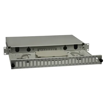 19" 1U 24xSC Duplex (SC Duplex / LC Quad) posuvný patch panel, šedý; 48portové optické kazety a průchodky jsou součástí dodávky