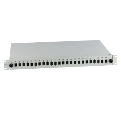 19" 1U 24xSC simplex (SC Simplex / E2000 / MTRJ / LC Duplex) posuvný patch panel, šedý; 48portové optické kazety a průchodky jsou součástí dodávky