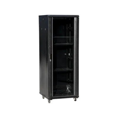 19 42U 800x800 IT cabinet, glass front door, solid steel rear door, lock, 4 supporting beams, 4 adjustable feet, for self-assembly, black Q-LANTEC