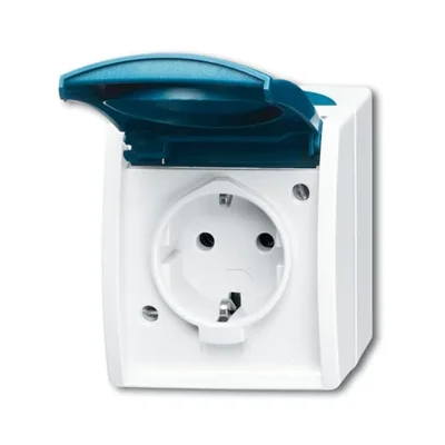 20 EWN-53-500^SCHUKO-Buchse mit Klappe und Beschriftungsfeld mit Schnellverbindern. 2 P + E - Ozeangrau/Grün-Blau