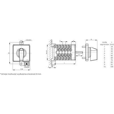 20A cam switch, 0-1 four-pole switch disconnector, base-rail mounting yellow-gray front red knob