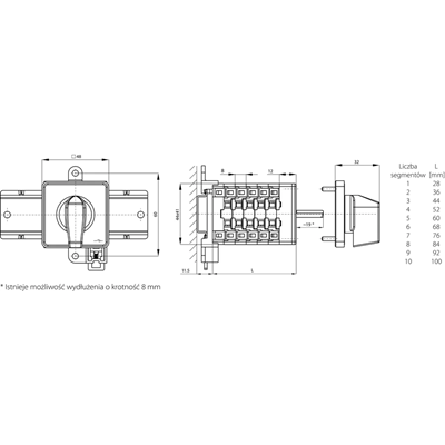 20A cam switch, 0-1 four-pole switch disconnector, base-rail mounting yellow-gray front red knob