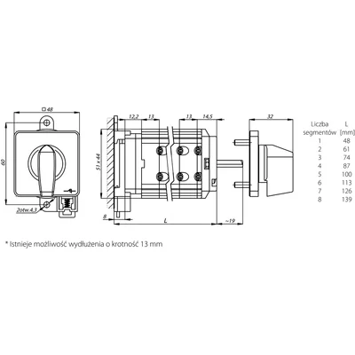 20A cam switch, 0-1 four-pole switch disconnector, base-rail mounting yellow-gray front red knob