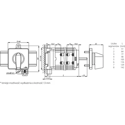 20A cam switch, 0-1 four-pole switch disconnector, base-rail mounting yellow-gray front red knob