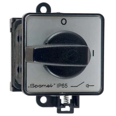 20A cam switch, 0-1 four-pole switch disconnector, base-rail mounting yellow-gray front red knob