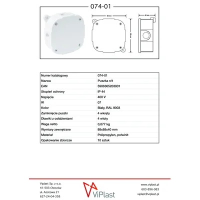 4-fach Aufputzdose mit Vorprägungen 88x88x40mm IP44 Abdeckung für 4 Schrauben weiß