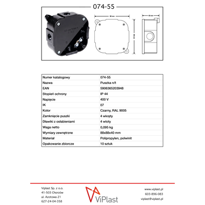 4-inlet surface-mounted box with knockouts 88x88x40mm IP44 cover for 4 screws with terminals black