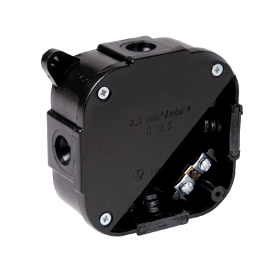 4-inlet surface-mounted box with knockouts 88x88x40mm IP44 cover for 4 screws with terminals black