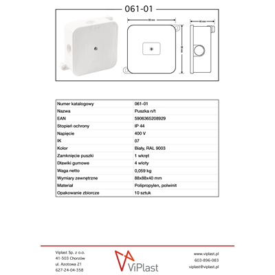 4-inlet surface-mounted box with knockouts 88x88x40mm IP44 screw cap white