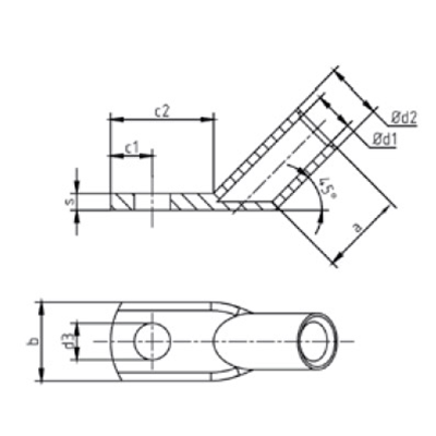 45° angled copper eyelet, tin-plated 120mm² for M12 screw