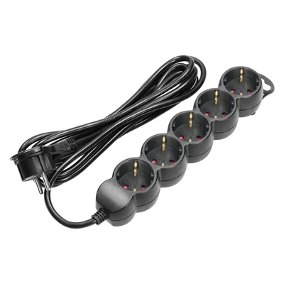 5-way extension cord 2P+Z (Schuko), 3m H05VV-F 3x1.5mm2, Imax=16A, flat plug, black