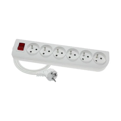 6-way portable extension cord, 6x2P+Z white with illuminated switch 250V~/10A 3x1mm² PVC- 1.5m with molded angled UNISCHUKO plug and mounting holes, Classic PSN-601.5W