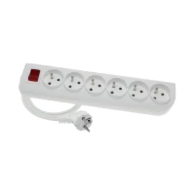 6-way portable extension cord, 6x2P+Z white with illuminated switch 250V~/10A 3x1mm² PVC- 1.5m with molded angled UNISCHUKO plug and mounting holes, Classic PSN-601.5W