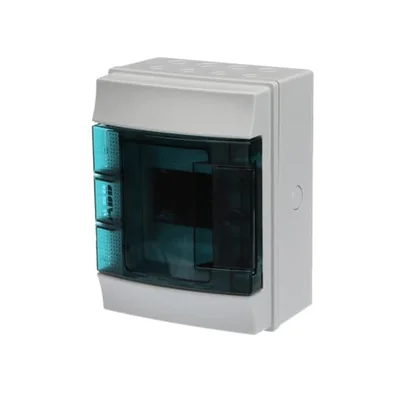 65P04X12 gray housing, 4M, IP65, 63A, class II, 202x152x117mm (HxWxD) | DIN rails | transparent door | no N+PE