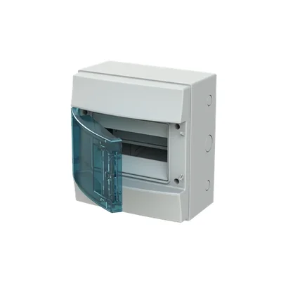 65P08X12A grey enclosure, 8M, IP65, 63A, class II, 250x232x155mm (HxWxD) | DIN rails | transparent door | N+PE screw