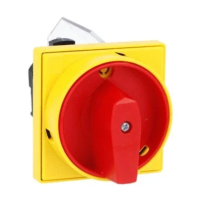 7GN2092U25 7GN series cam switch, disconnector, 4 poles, 20A, for panel mounting, with yellow/red handle locked in position 0, terminal covers and 65x65mm plate