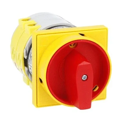 7GN6310U65 Interruptor de leva serie 7GN, seccionador, 3 polos, 63 A, para montaje en panel, con manija amarilla/roja bloqueada en la posición 0, tapas de terminales y placa de 65x65 mm