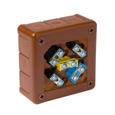 „90” 12-inlet surface-mounted box with rubber glands 98x98x42mm IP55 cover for 4 screws with terminals brown