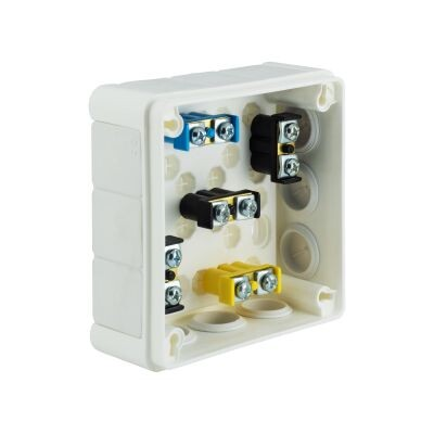 „90” 12-inlet surface-mounted box with rubber glands 98x98x42mm IP55 cover for 4 screws with terminals white