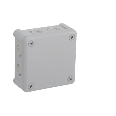 „90” 8-inlet surface-mounted box with knockouts 98x98x42mm IP55 cover for 4 screws gray