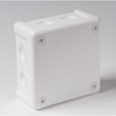 „90” 8-inlet surface-mounted box with knockouts 98x98x42mm IP55 cover for 4 screws white