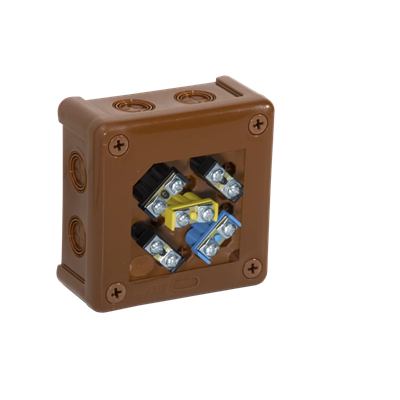 „90” 8-inlet surface-mounted box with knockouts 98x98x42mm IP55 cover for 4 screws with terminals brown