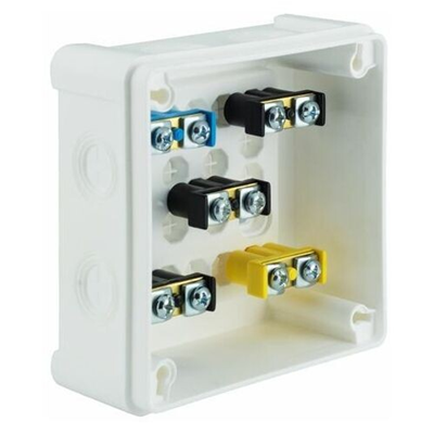 „90” 8-inlet surface-mounted box with knockouts 98x98x42mm IP55 cover for 4 screws with terminals white