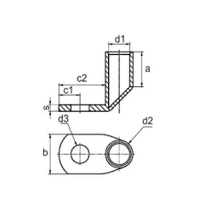 90° angled copper eyelet, tin-plated 150mm² for M10 screw