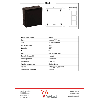 « 90 » Boîte en saillie avec presse-étoupes en caoutchouc 12 entrées 98x98x42mm Couvercle IP55 avec 4 vis noir