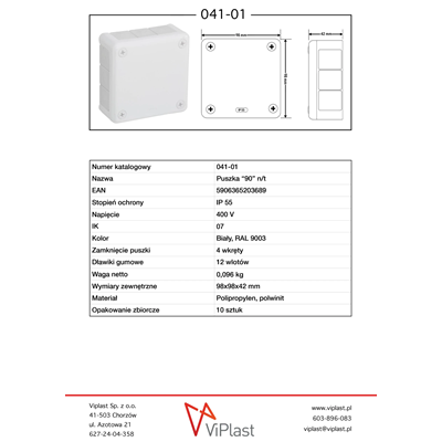 « 90 » Boîte en saillie avec presse-étoupes en caoutchouc 12 entrées 98x98x42mm Couvercle IP55 pour 4 vis blanc