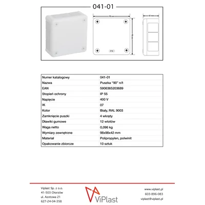 „90” Puszka natynkowa z dławnicami gumowymi 12-wlotowa 98x98x42mm IP55 dekiel na 4 wkręty biała
