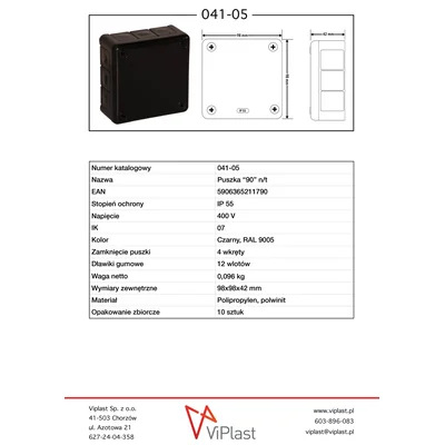 „90” Puszka natynkowa z dławnicami gumowymi 12-wlotowa 98x98x42mm IP55 dekiel na 4 wkręty czarna