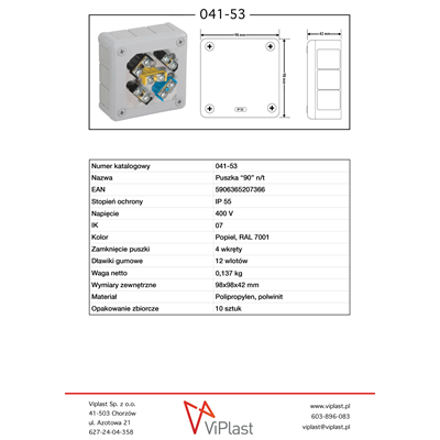 „90” Surface-mounted box with rubber glands 12-inlet 98x98x42mm IP55 cover for 4 screws with terminals gray