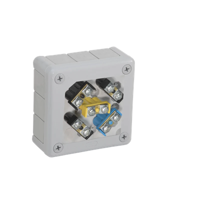 „90” Surface-mounted box with rubber glands 12-inlet 98x98x42mm IP55 cover for 4 screws with terminals gray