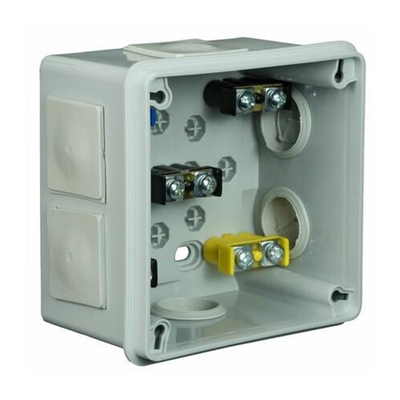 „90” Surface-mounted box with rubber glands 6-inlet 98x98x65mm IP55 cover for 4 screws with terminals gray