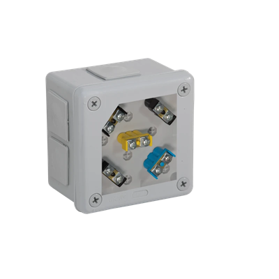 „90” Surface-mounted box with rubber glands 6-inlet 98x98x65mm IP55 cover for 4 screws with terminals gray