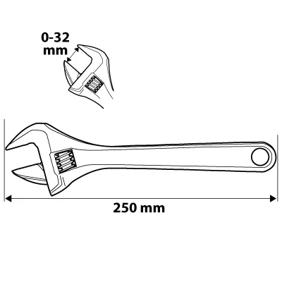 Adjustable wrench 250 mm, range 0-32 mm